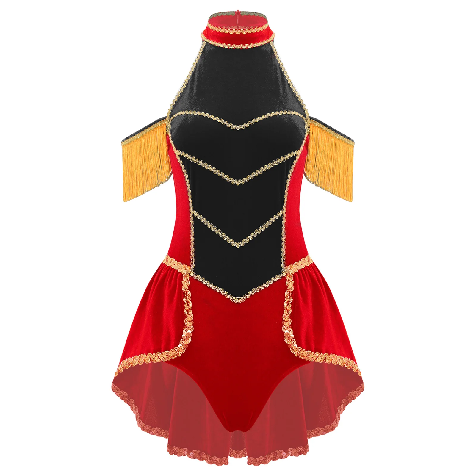 بدلة نسائية لحرس الشرف من السيرك، بدلة مخملية بشراشيب ذهبي، بدلة من قطعة واحدة، أزياء تنكرية للهالوين