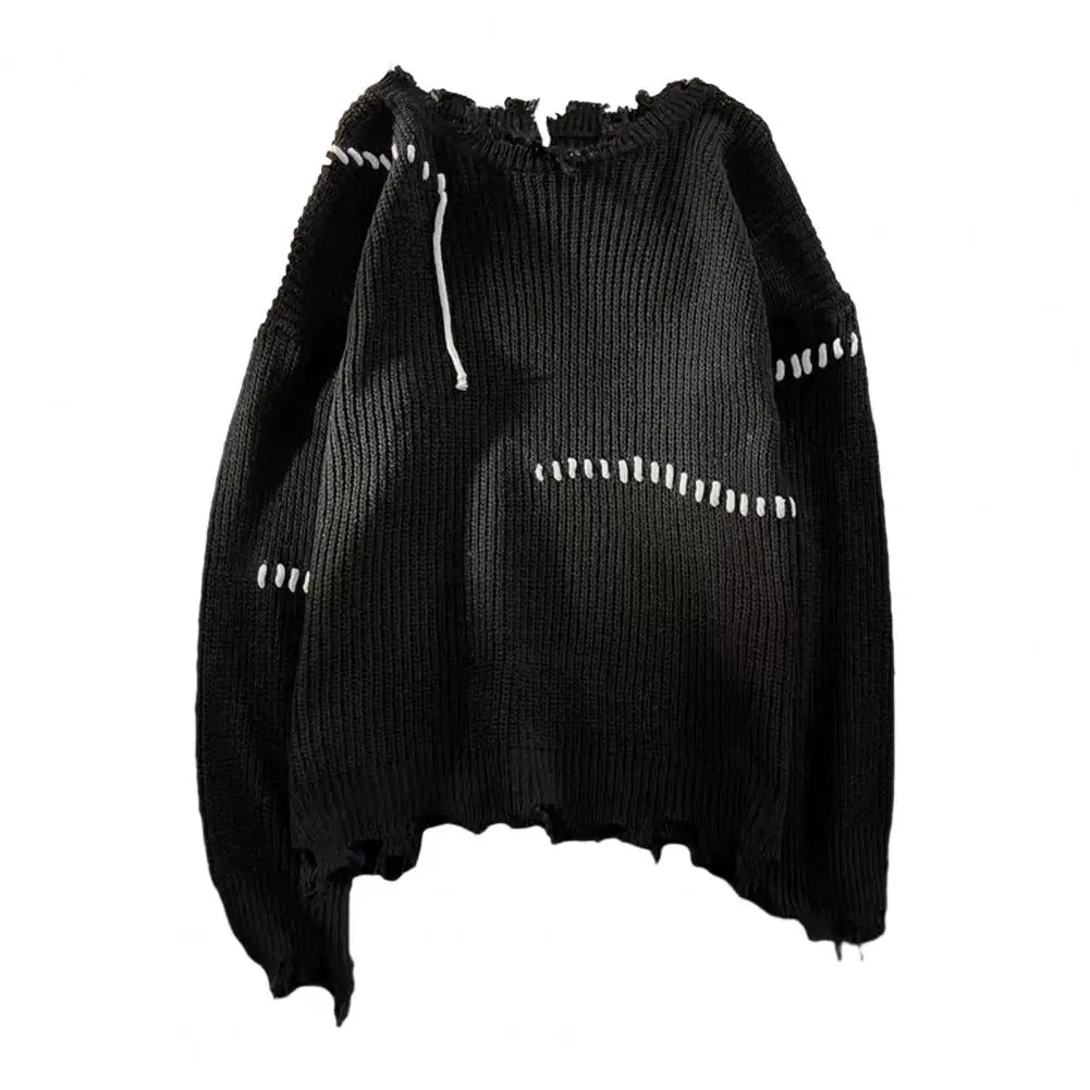 Fall Winter Sweater Men Ripped Tassel Solid Color Fringe Round Neck Knitted Mid Length Loose Long Sleeve Pullover Men Sweater