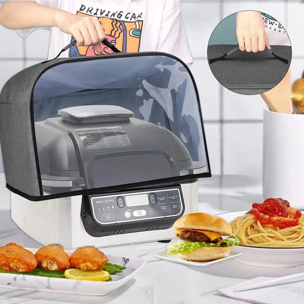 Air Fryer Dust Cover for Ninja Foodi AG301 AG302 AG400 Waterproof Oxford Fabric Kitchen Toaster Dust Cap with Storage Pockets