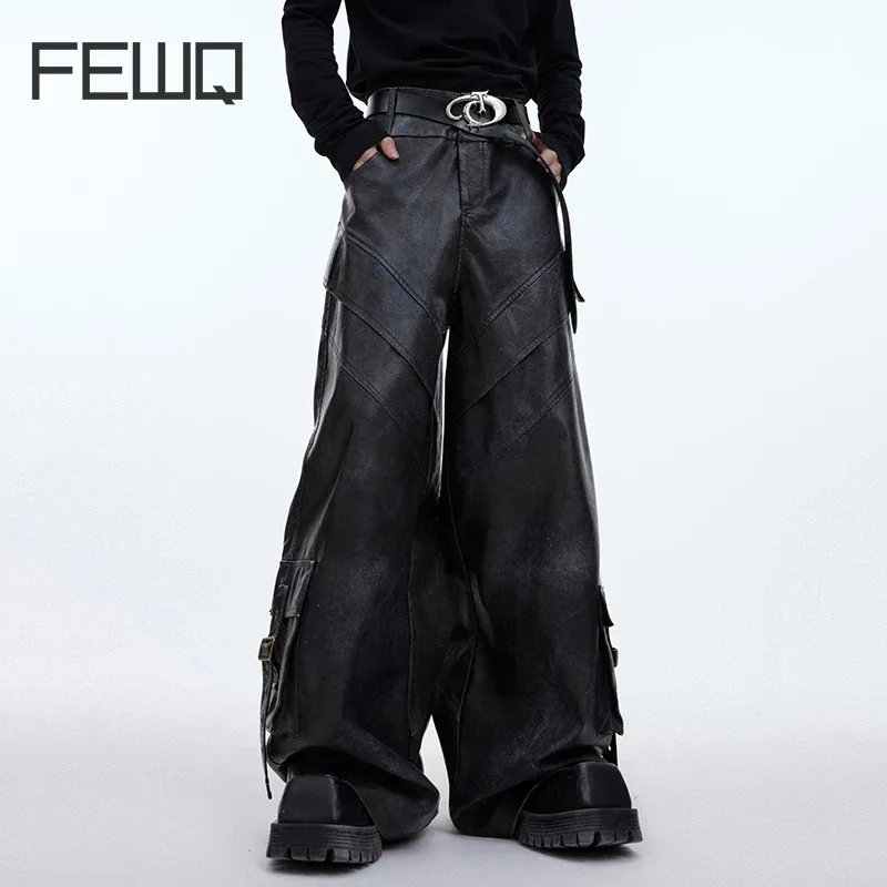 

FEWQ Punk Men's PU Leather Pants Large Pockets Personalized Loose High Street Male Wide Leg Trousers Stripe Worn Out 9C3780