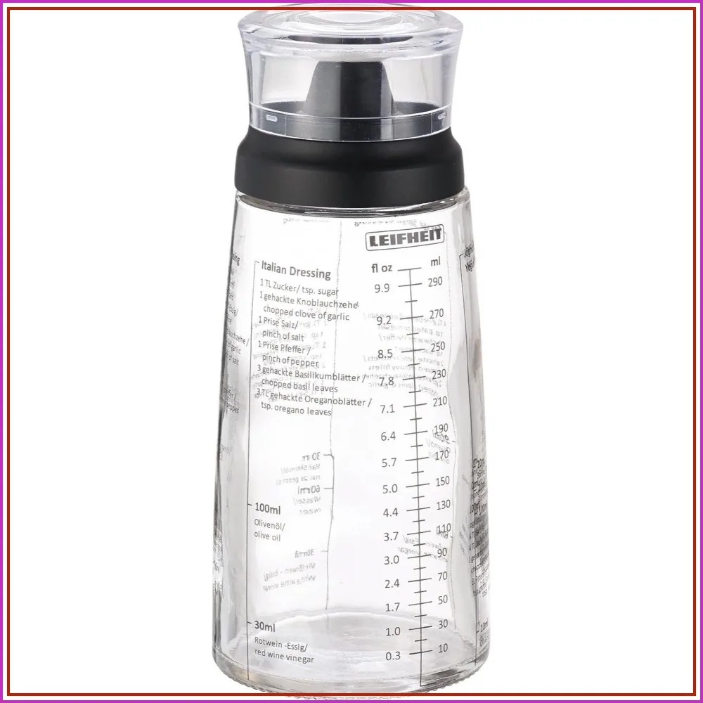 10 oz Glass Salad Dressing Bottle – Leakproof Plastic Lid, Non-Drip Spout, Built-In Recipe Guide, Dishwasher Safe, German Design, Black