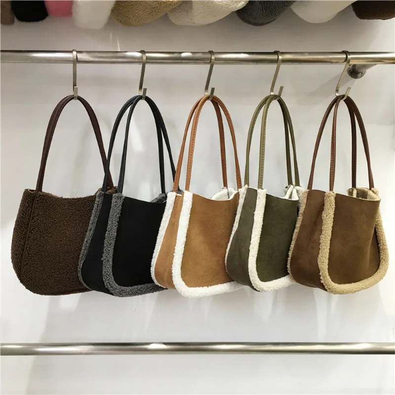 Fashion New Contrast Color Shoulder Bag Lamb Wool Splice Plush Bag Large Capacity Portable Handbag High-Grade Texture Tote Pack