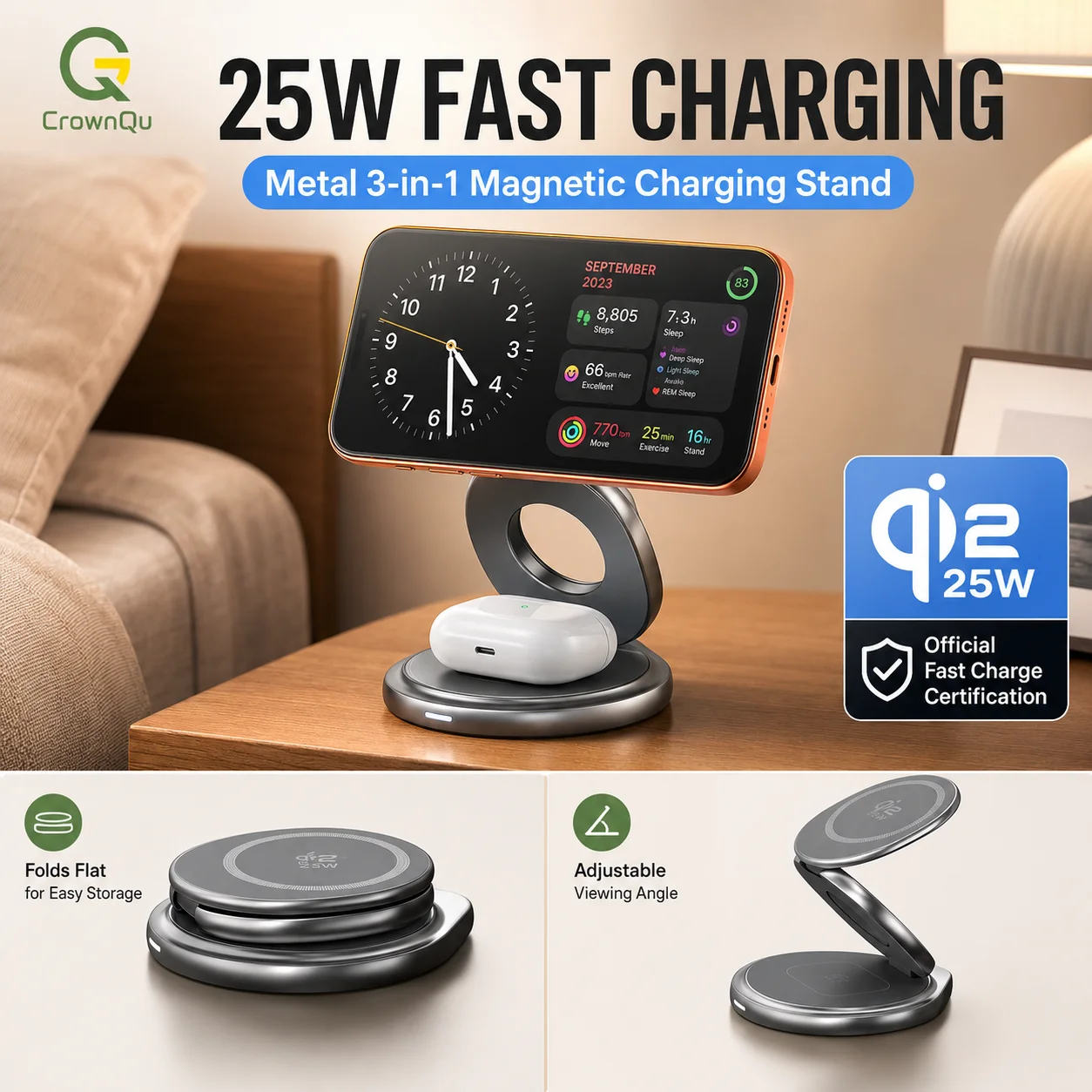 Qi2.2 25W Metall Magnetisches Kabelloses Ladegerät Schnelle Ladestation 360° °   Drehbare, faltbare 3-in-1-Halterung für iPhone 17, 16, 15, Watch und Airpods