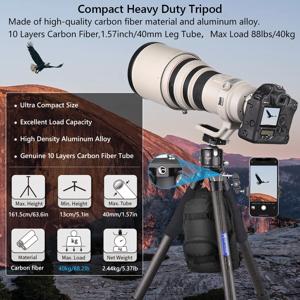 Compact Carbon Fiber Professional Travel Tripod with Stone Bag ARTCISE CT90C Heavy Duty for Camera DSLR Camcorder,Max Load 40kg