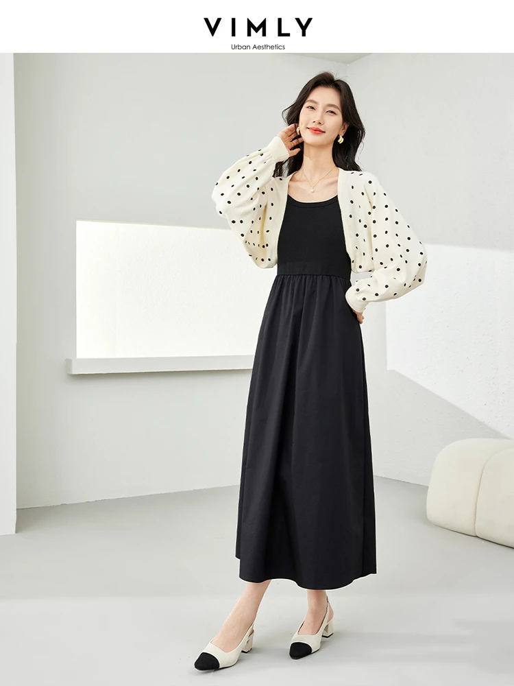 

Vimly Woman Elegant Matching Sets 2025 New Dot Knitted Sweater Cardigan Round Neck Maxi Tank Dresses 2 Piece Sets M5926