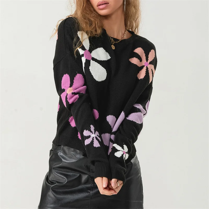 FUFUCAILLM Women Floral Print Sweaters Long Sleeve Round Neck Loose Casual Winter Warm Fall Knitted Pullovers Tops Jumpers 2024