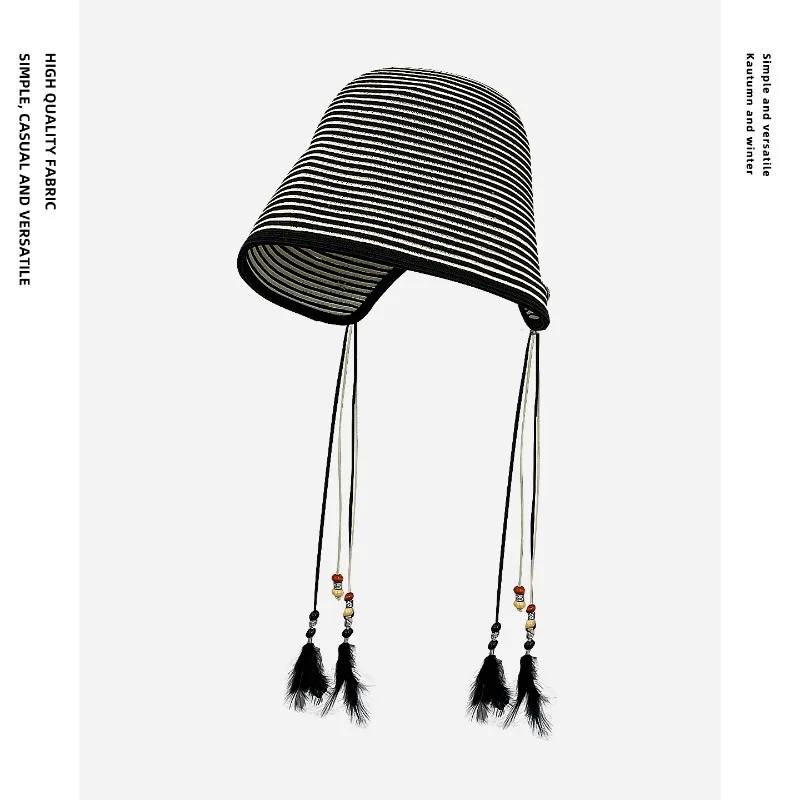 

Japanese Bohemian Ethnic Style Feather Braid Striped Bucket Hat for Women Summer Vacation Big Brim Shading Breathable Sun Cap