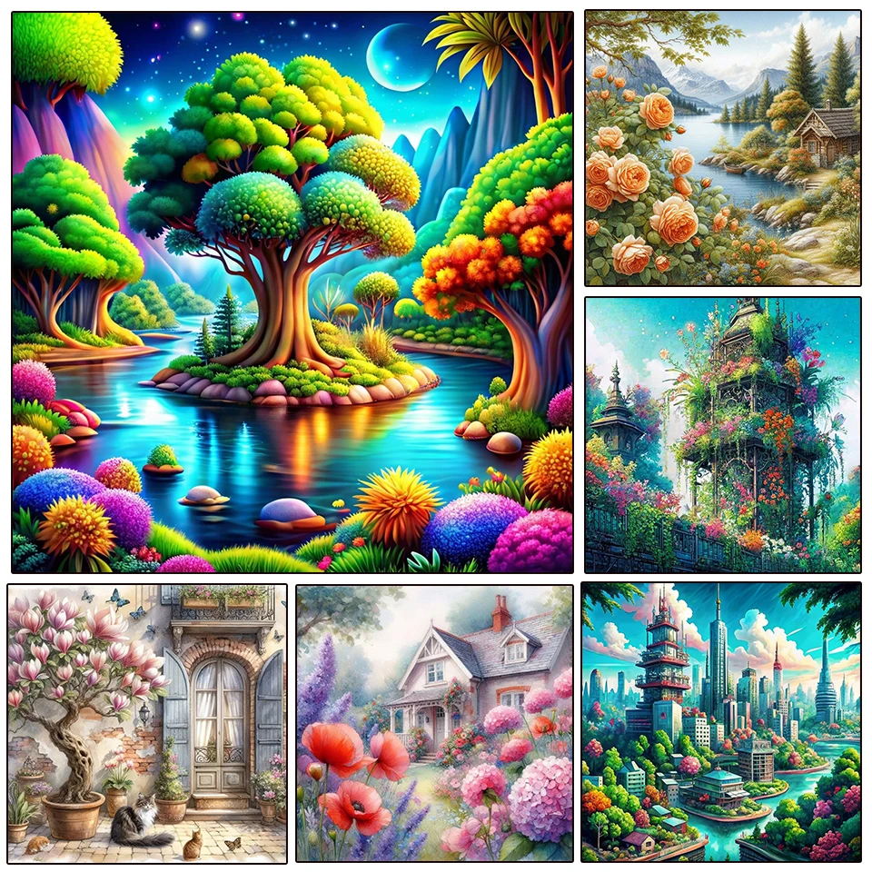 

Landscape 5DDIY Diamond Painting New Full Circle Square Mosaic Embroidery House Landscape Flower Painting Wall Decoration