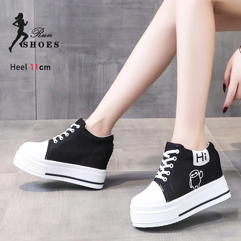 2024 Autumn New Canvas Shoes Women's Sneakers Comfort Thick Sole Lace-up Vulcanized Shoes Height Increasing Casualot Women Shoes