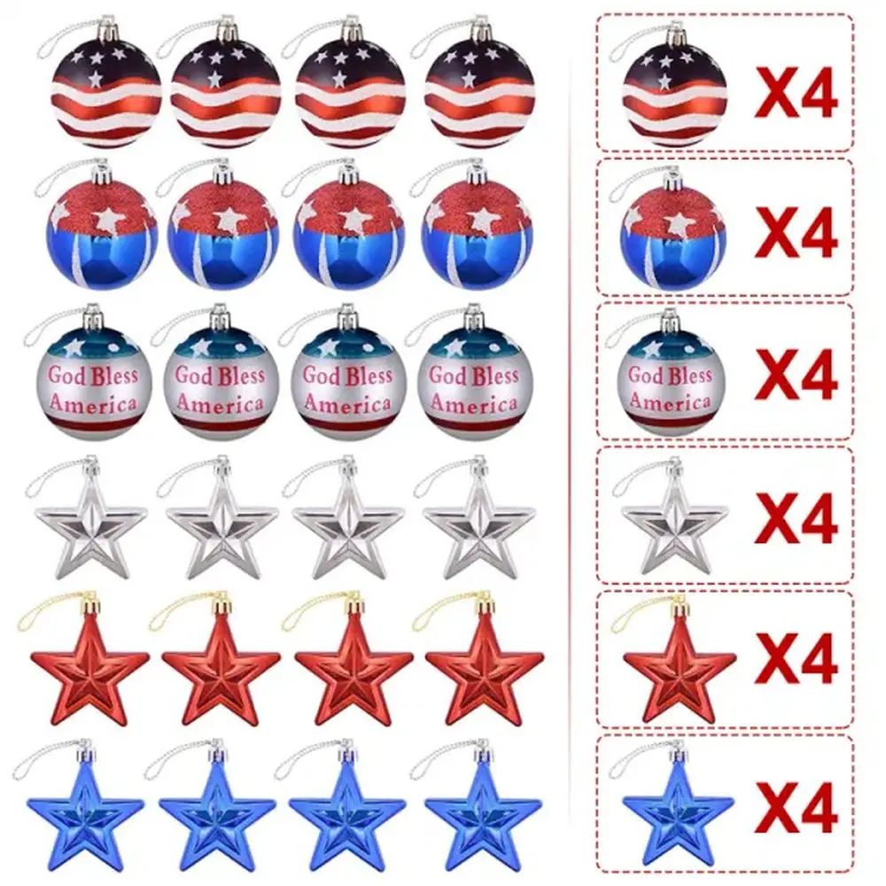 24Pcs Set Hanging Ornaments Ball Star Patriotic Festival Party Decor Independence Day 4th of July Christmas Tree Wall Indoor Out