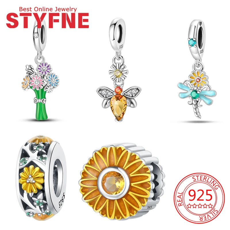 

925 Sterling Silver Charms Chrysanthemum Fower Yellow Beads Fit Bracelet Accessories Bead Jewelry Making Fine Jewelry Gift
