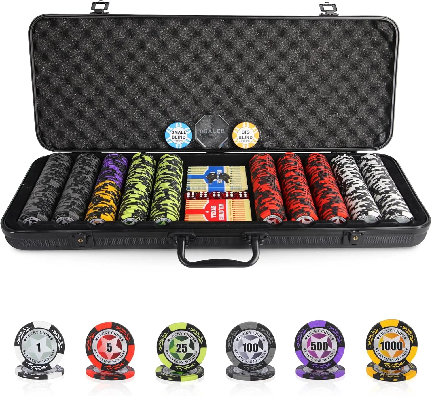 Juego de 500 Fichas de Póker de Arcilla Compuesta con Denominaciones, 14 Gramos, Estuche de ABS y 2 Mazos de Cartas de Plástico para Texas Holdem y Blackjack