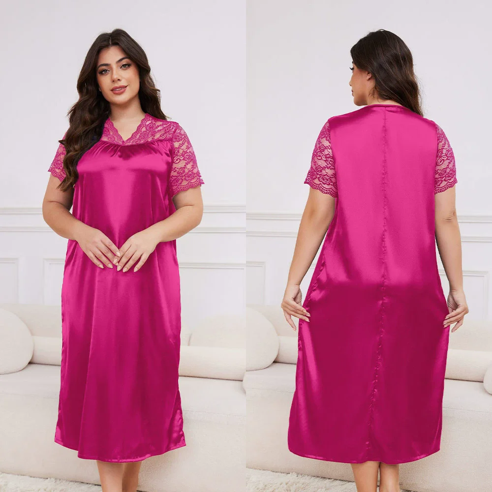 Loose Women's Nightgown Sexy Summer Short Sleeve Silk Lace Night Dress For Woman Nightie Pajamas Dress Night Wear Female 6