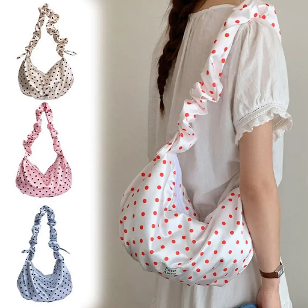 

Fashion Polka Dot Shoulder Bag Pleated Lace Zipper Crossbody Bag Large Capacity Underarm Bag