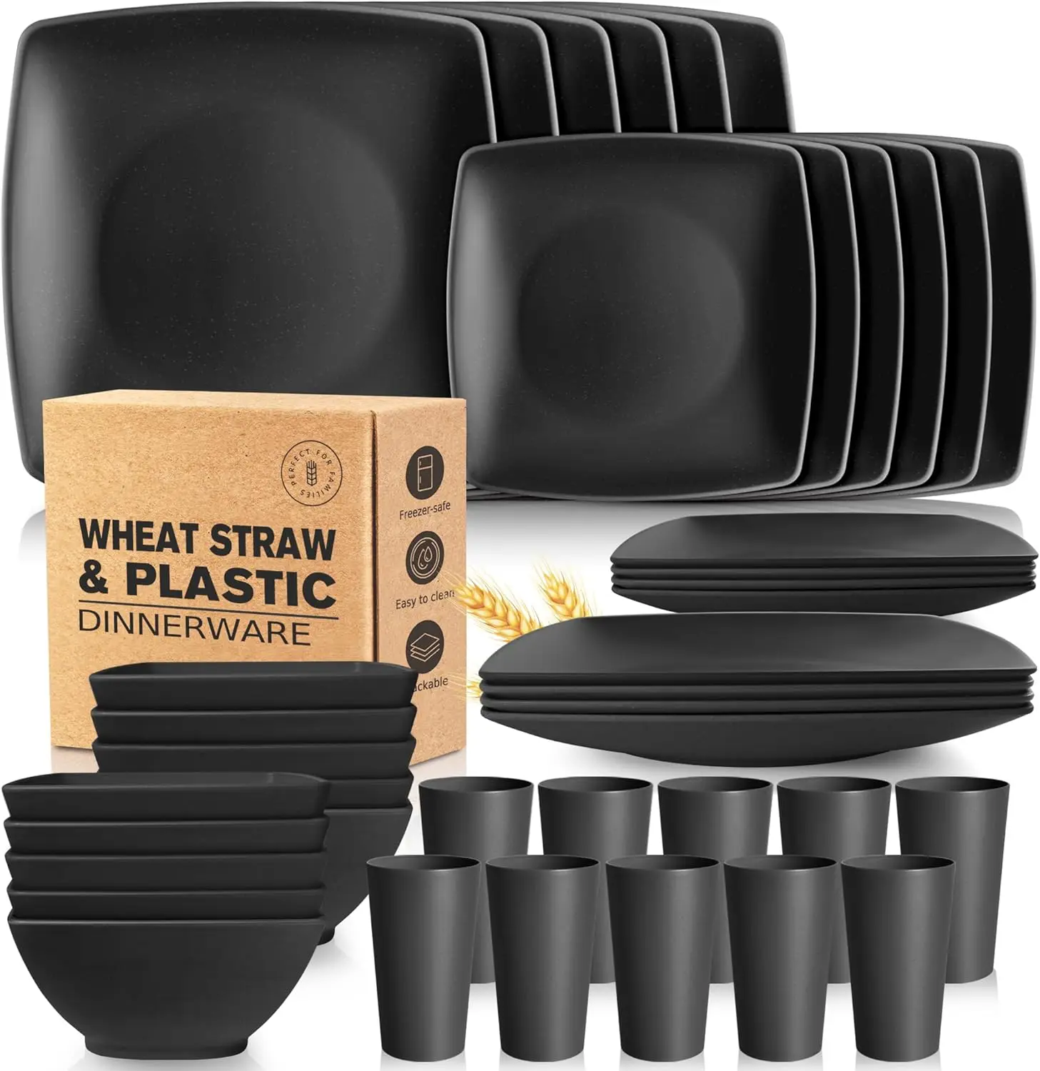

40-piece Plastic Wheat Straw Square Dinnerware Set for 10, Unbreakable Dinner Plates, Salad Plates, Snack Bowls,Tumblers