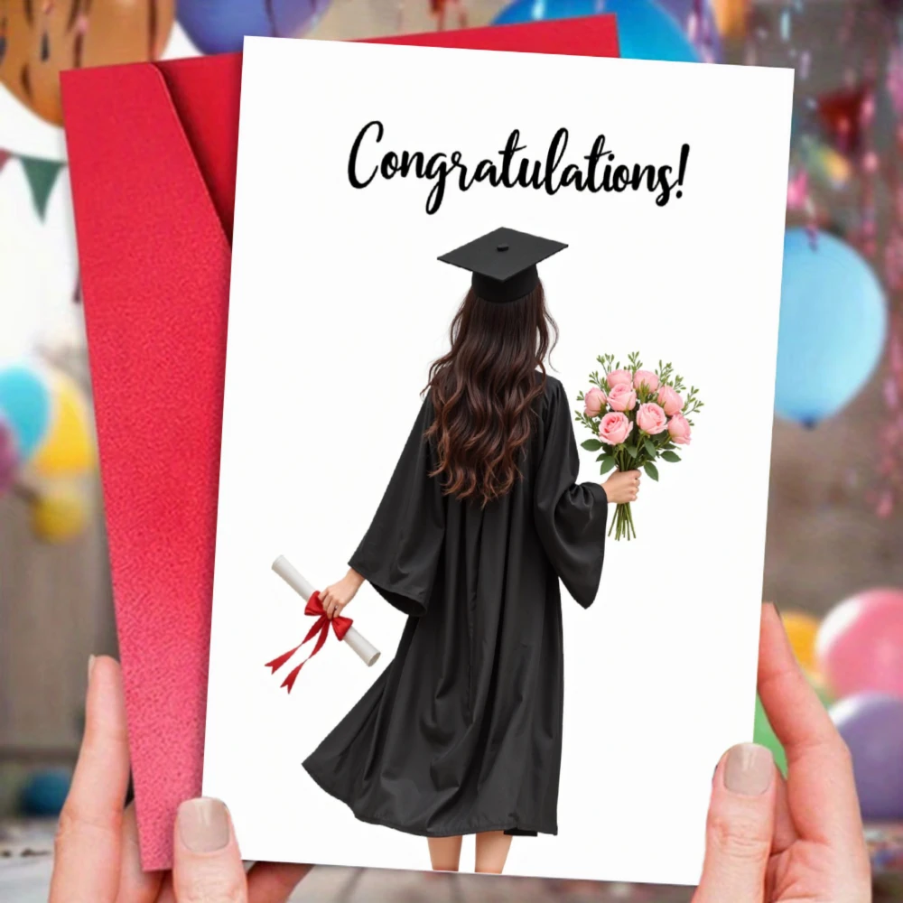 1 cartão de formatura, toga de formatura preta com menina segurando diploma e flores, design de felicitações adequado para festa de formatura