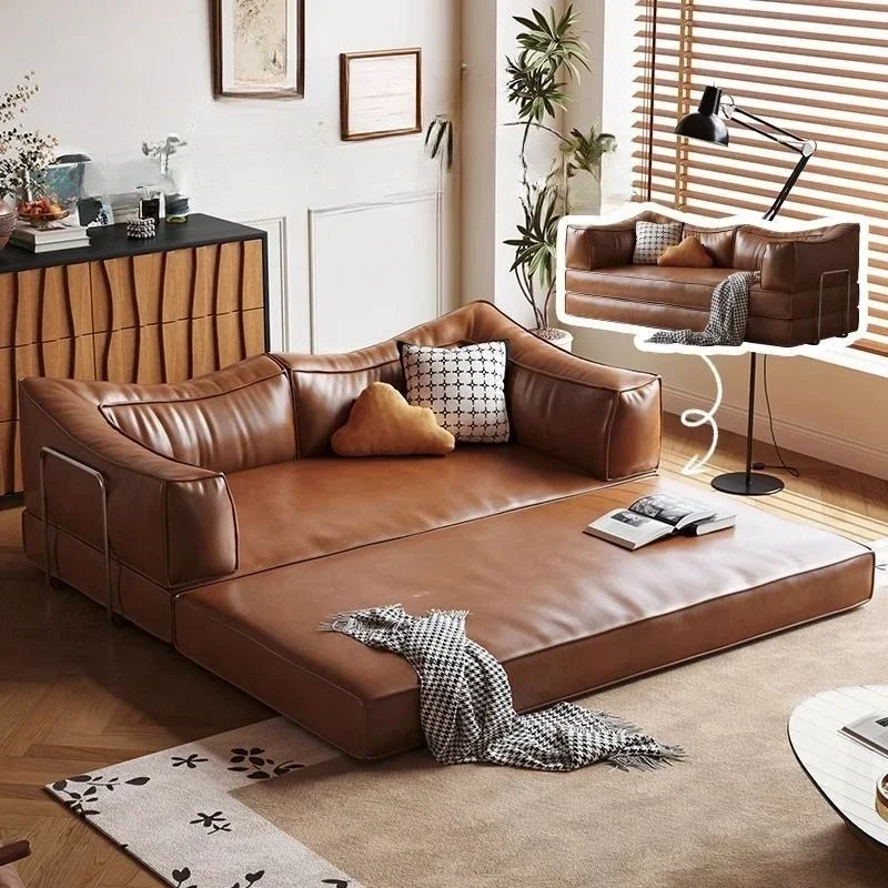 Foldable dual-purpose pudding oil wax leather sofa, bed retro small apartment living room module sofa