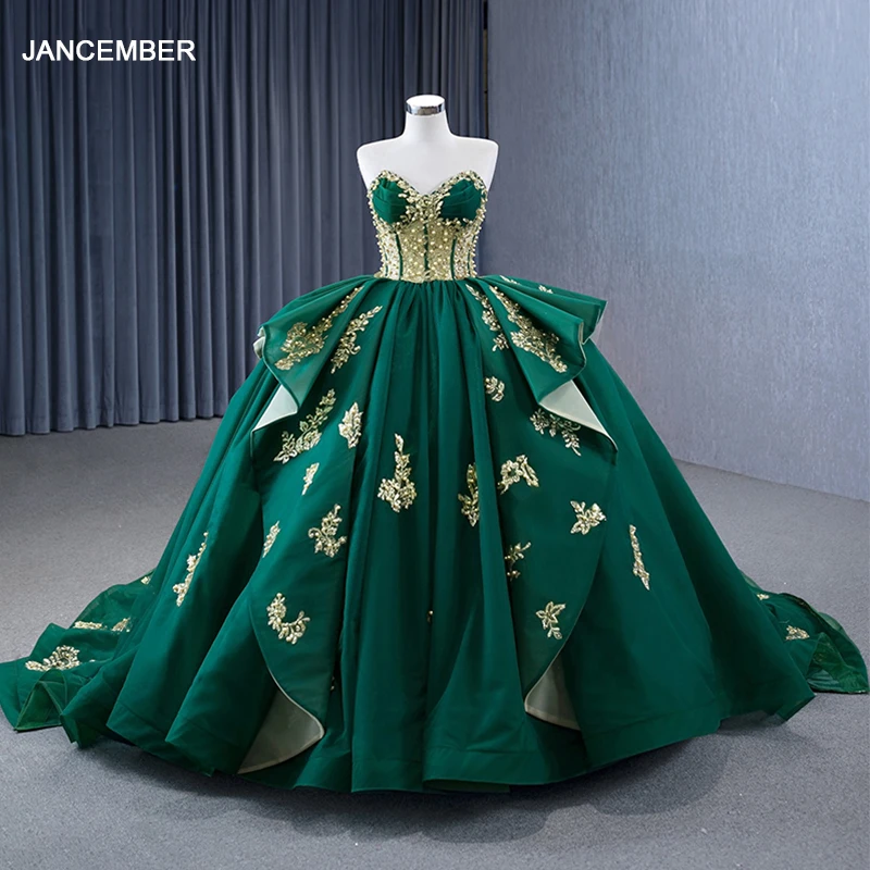 Jancember Green Ball Gown Strapless Embroidery Beading Ruffles Simple Evening Dress for Women فياتين سهرة فاخره RSM231030