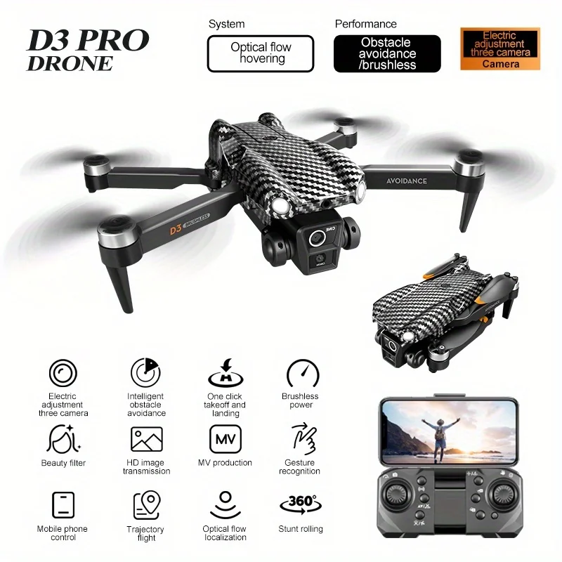 D3 Triple Camera Drone, Built-in Obstacle Avoidance Function, Electronic Adjustable Optical Flow Sensor, One-Key Return, Foldabl