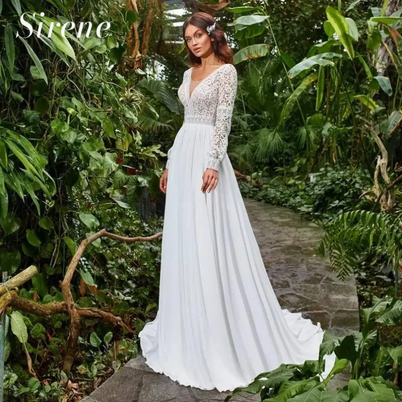 Gaun pengantin Bohemian Sweetheart gaun pengantin Backless sifon Applique renda putih lengan panjang A-Line gaun pengantin kereta Vestidos De Novia