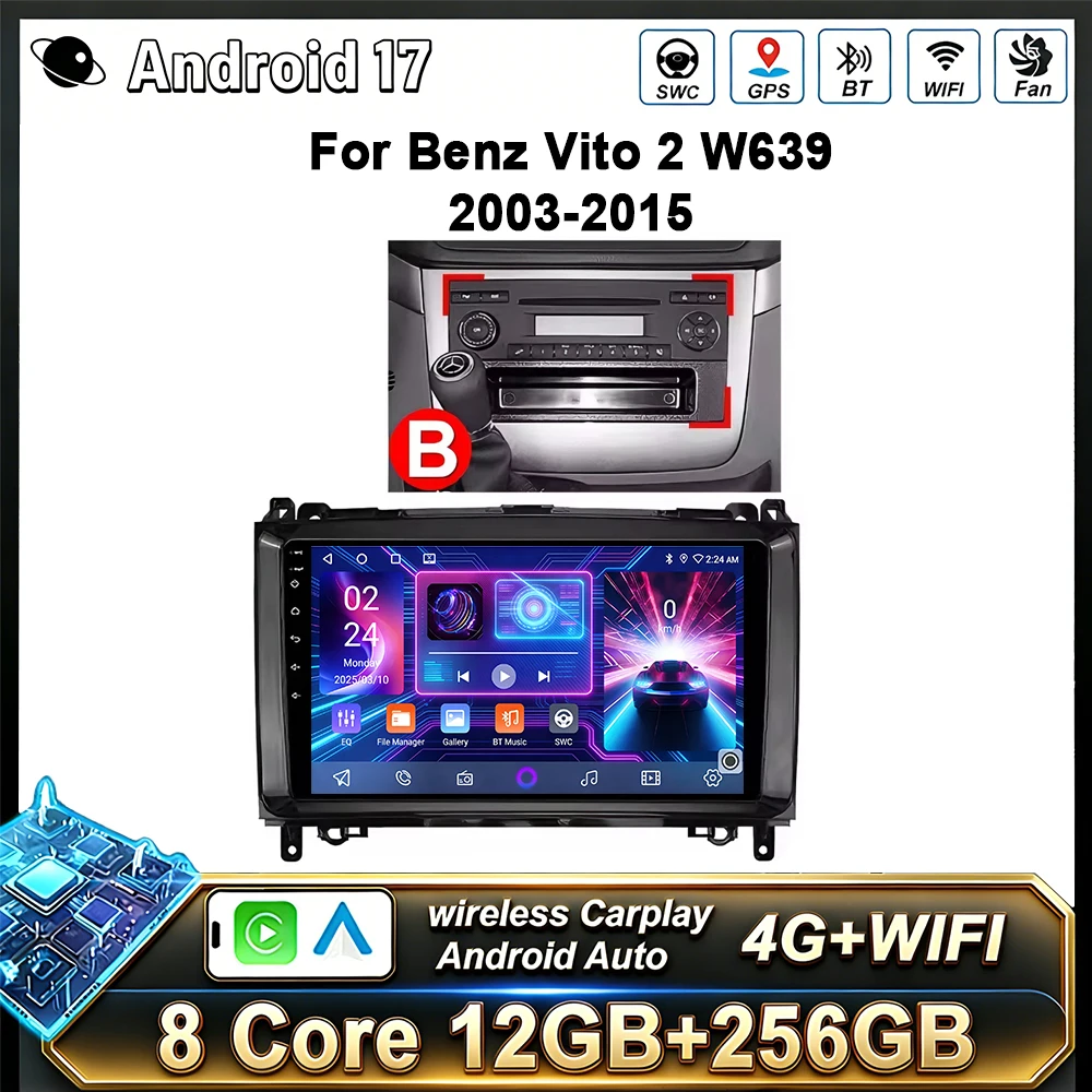 Radio para Auto Android 17 con 4G WIFI y Carplay para Mercedes-Benz W169 W245 W639 W906 Sprinter B160 B170 B200 TPMS DAB OBD 2 DVD
