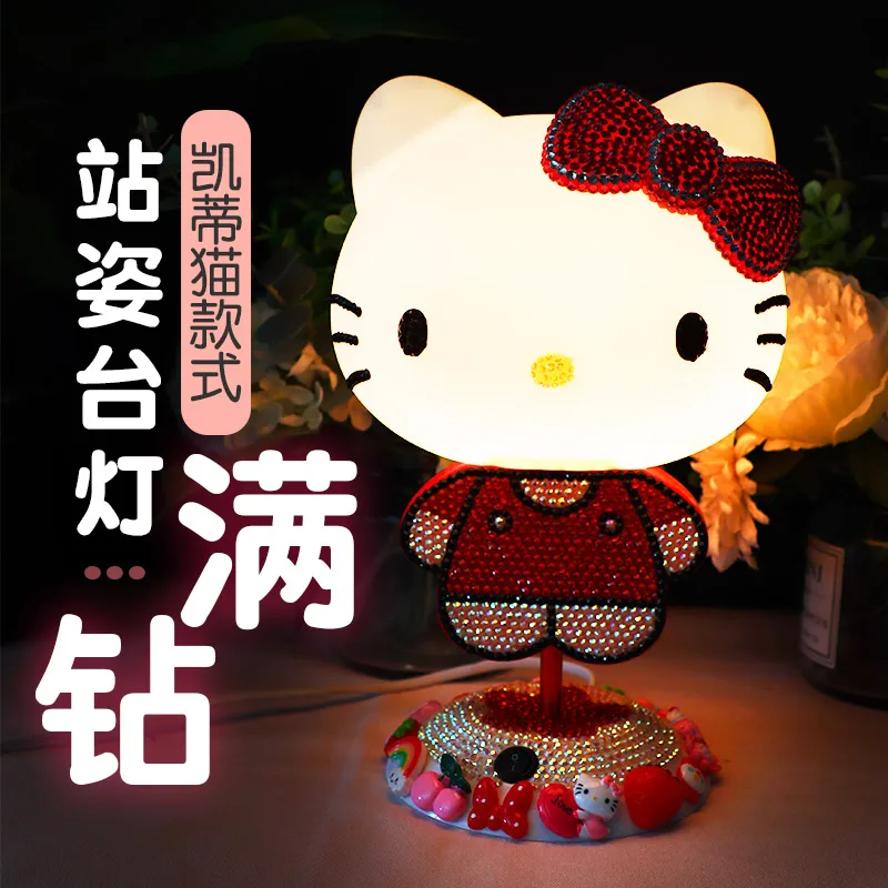 Sanrio Hello Kitty Creative Home Table Lamp Sticking Diamond Kt Small Night Light Cartoon Diy Bedroom Bedside Light