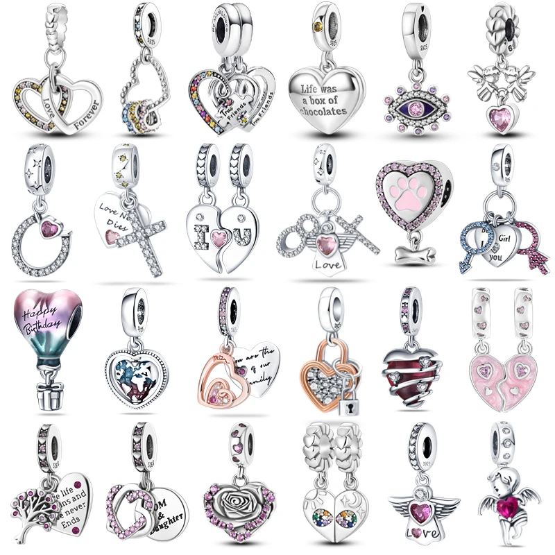 Double Heart Split Dangle Charm 925 Sterling Silver Pendant Fit For Original Pan Bracelet Pink I Love You Valentines Gift