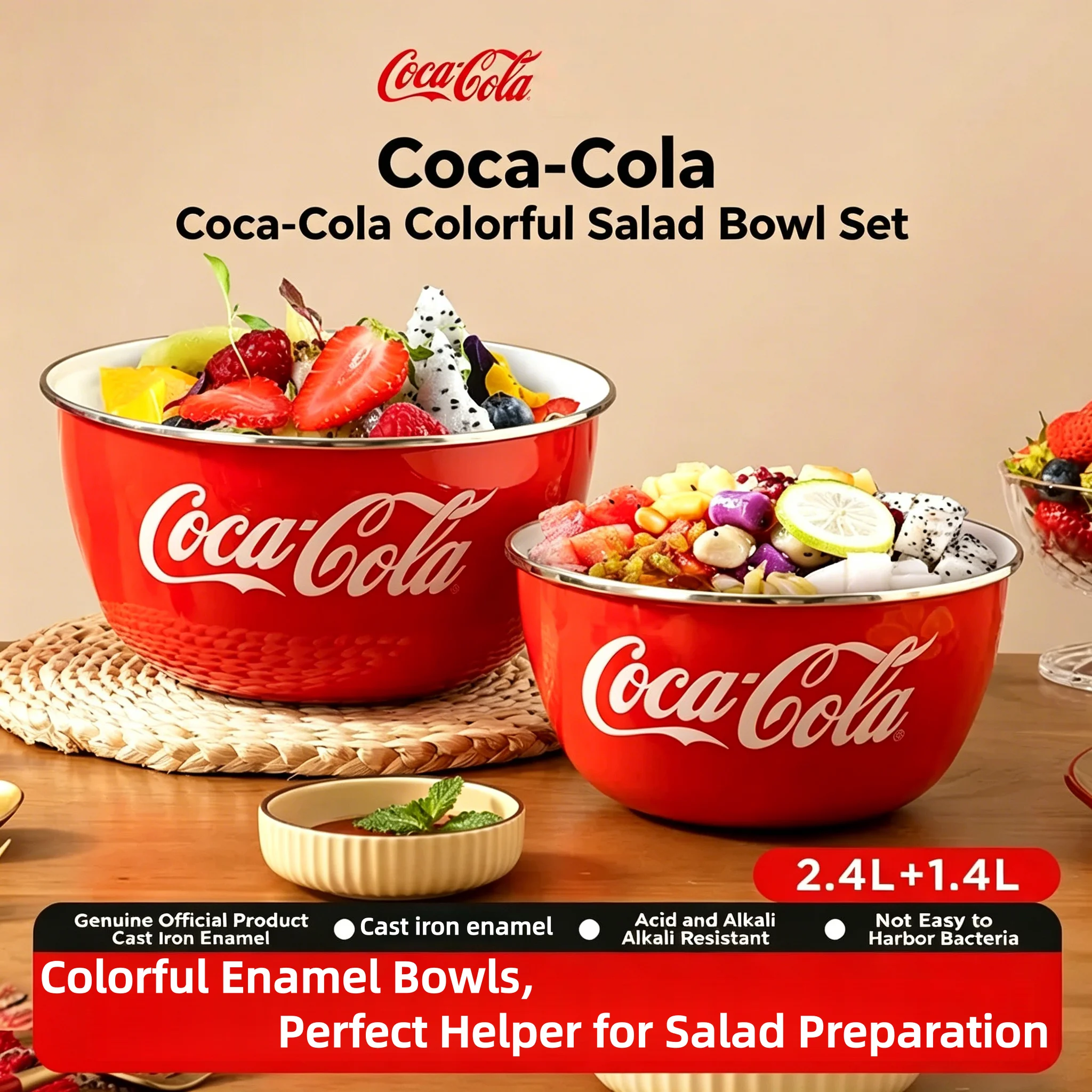 Juego de tazones para ensalada de esmalte Coca Cola, 2.4L y 1.4L, tazón grande para ensalada, frutas, fideos, cereales, sopas, para vajilla de cocina, regalo