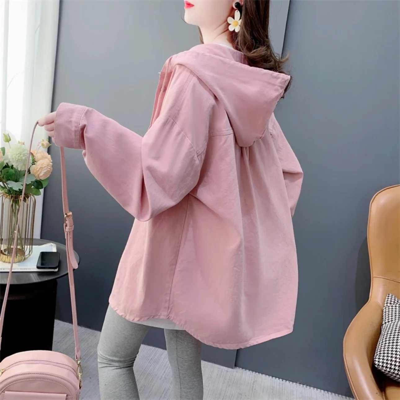 Women Cardigan Hooded Pink Shirts Single-breasted Streetwear Spring Autumn Jacket Windbreaker Long Sleeve Loose Oversized Shirt