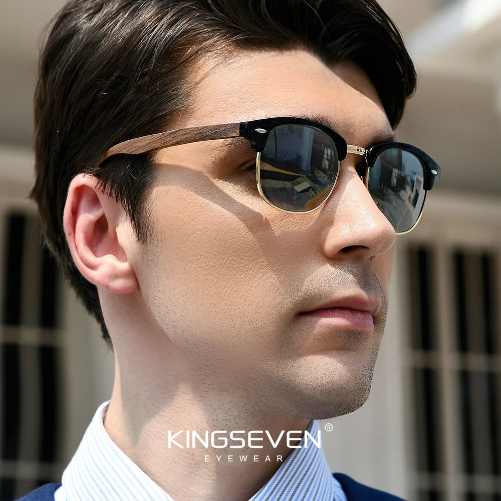 KINGSEVEN Quality Upgrade Handmade Walnut Wooden Sunglasses Men Polarized Semi-Rimless UV400 Protection Retro Eyewear Women