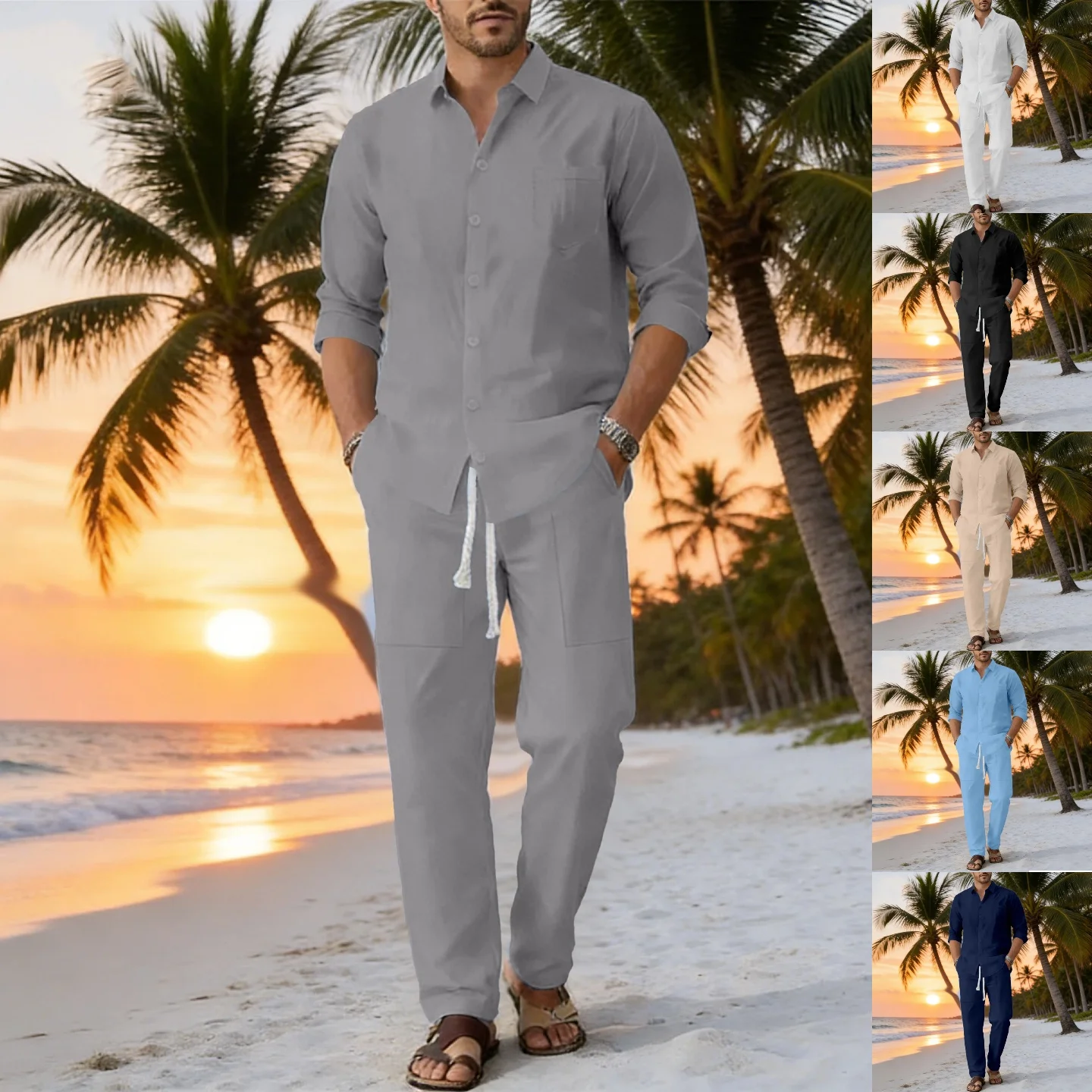 

Spring and Summer Men's New Pure-Color Linen Suit Set, Fashionable, Casual, Breathable and Quick-Drying Two-Piece Set
