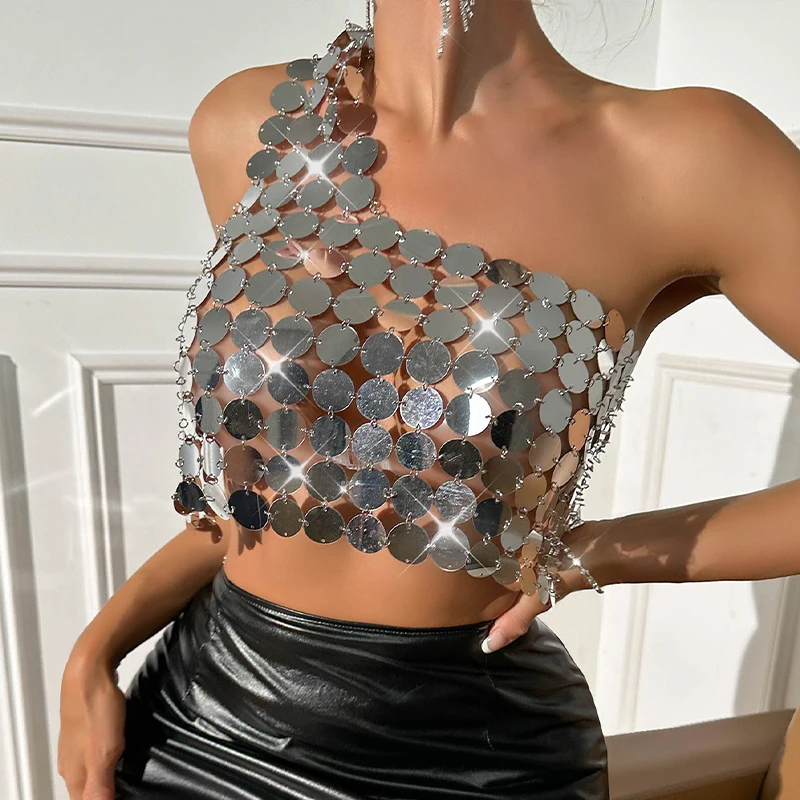 Ladies Silver Coin Top Women One Shoulder Sequin Disc Chainmail Crop Top