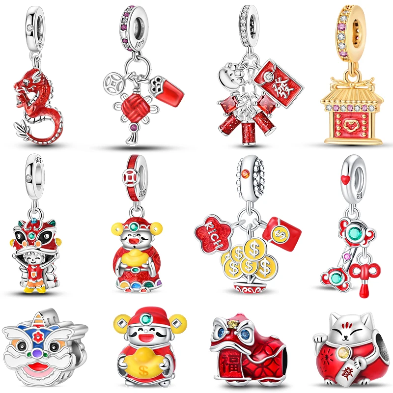 

New Year 100% 925 Silver God Of Wealth Lion Dance Chinese Blessing Charms Beads Fit 3mm Bracelets DIY Gift Fine Jewelry Making