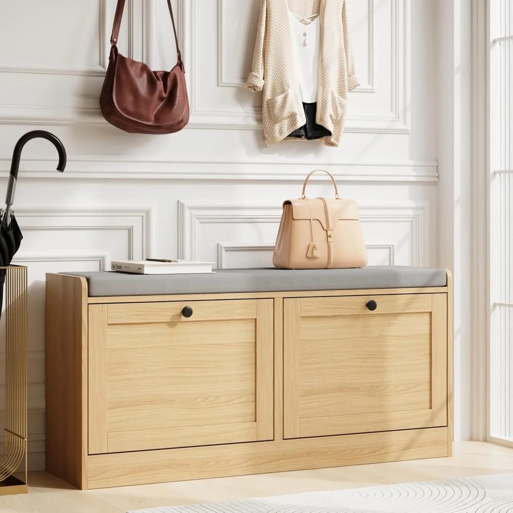 

Modern Entryway Bench with 2 Flip Drawers, Shoe Rack with Padded Seat Cushion, Wooden Storage Bench for Entryway and Ha