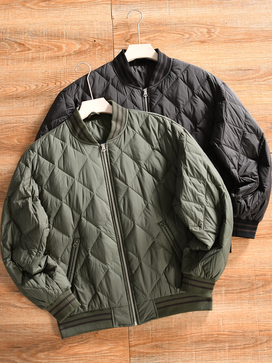 

Slim Fit Duck down Jacket Baseball Collar Men's Winter Coat Lightweight Quilted Diamond Stitch Fashionable Outerwear