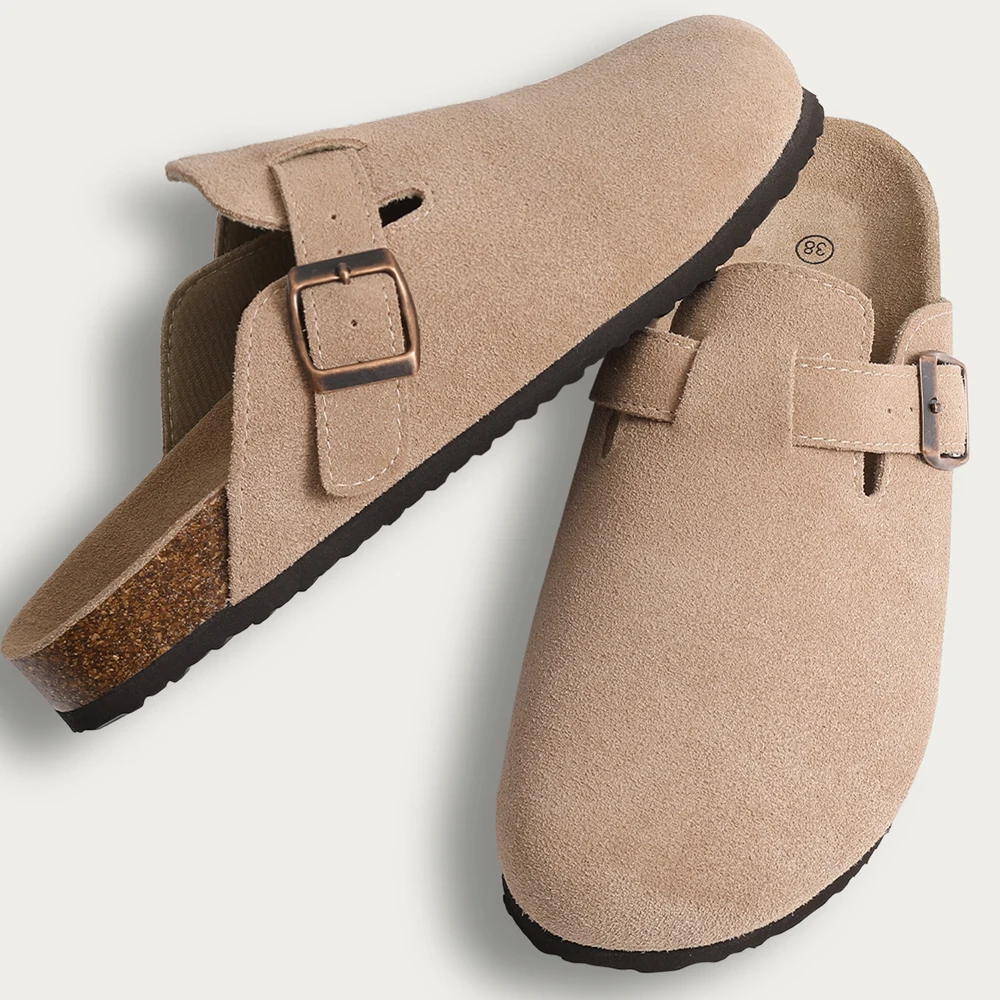 Flache Sandalen, Clogs für Damen, modische Wildlederschuhe, Kork-Pantoletten, Slipper, klassischer Kork, rutschfest, für Outdoor-Hausschuhe mit Fußgewölbeunterstützung