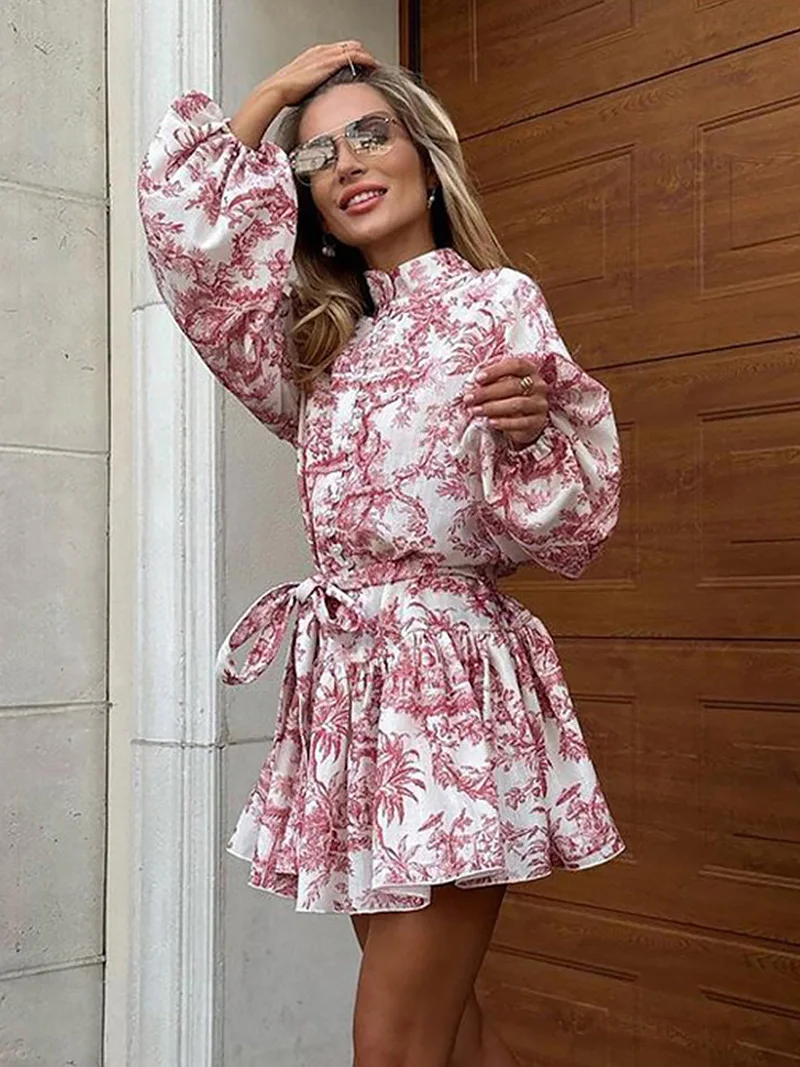 Damska sukienka koszulowa z długim rękawem, zapinana na guziki, z bufiastymi rękawami, z wysokim stanem, w kształcie litery A, mini, z nadrukiem roślin, w stylu francuskim vintage.