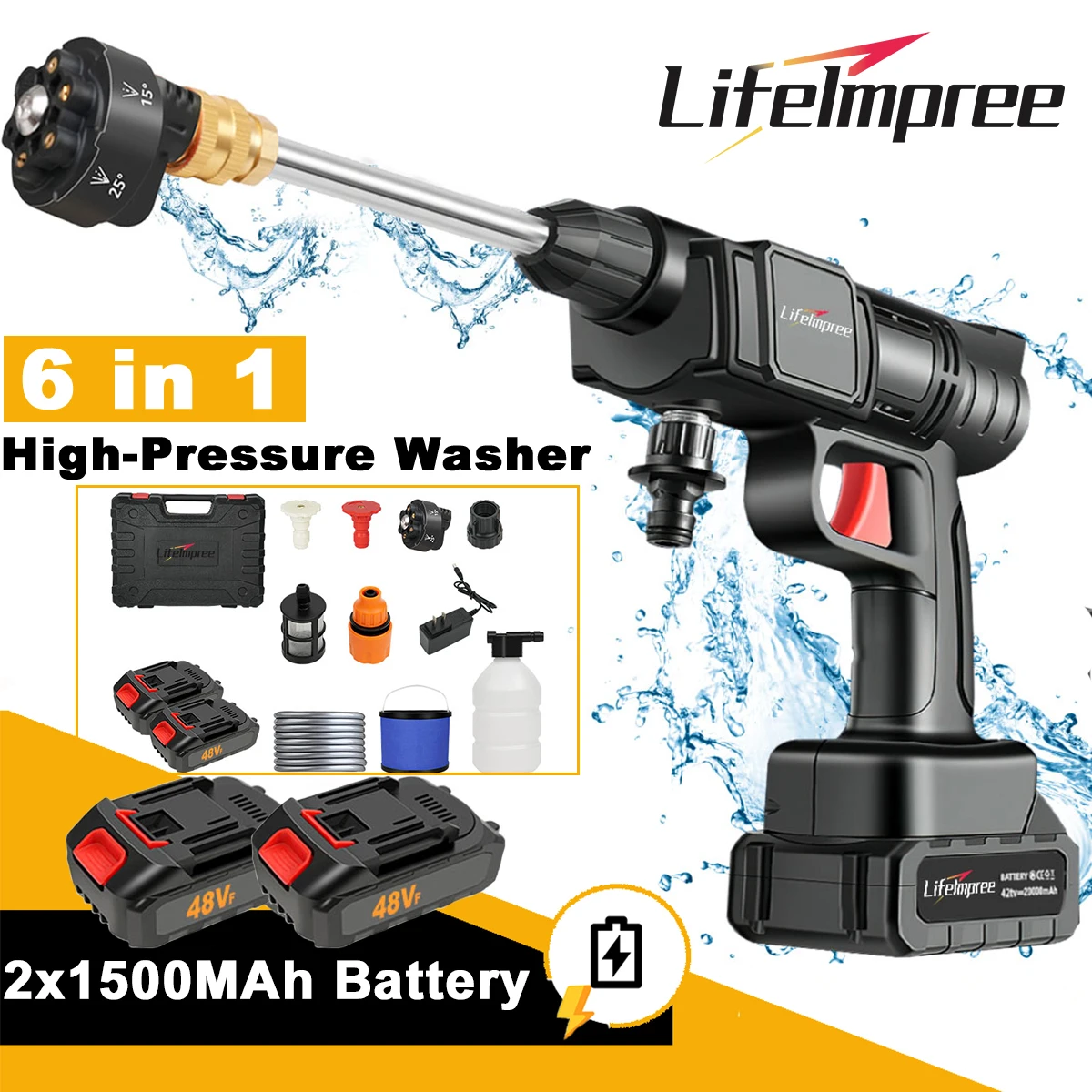 مسدس رش ضغط لاسلكي 6 في 1 2 يعمل بالبطارية مع صندوق أدوات - قابل لإعادة الشحن، 100-240 فولت، بلاستيك متين،