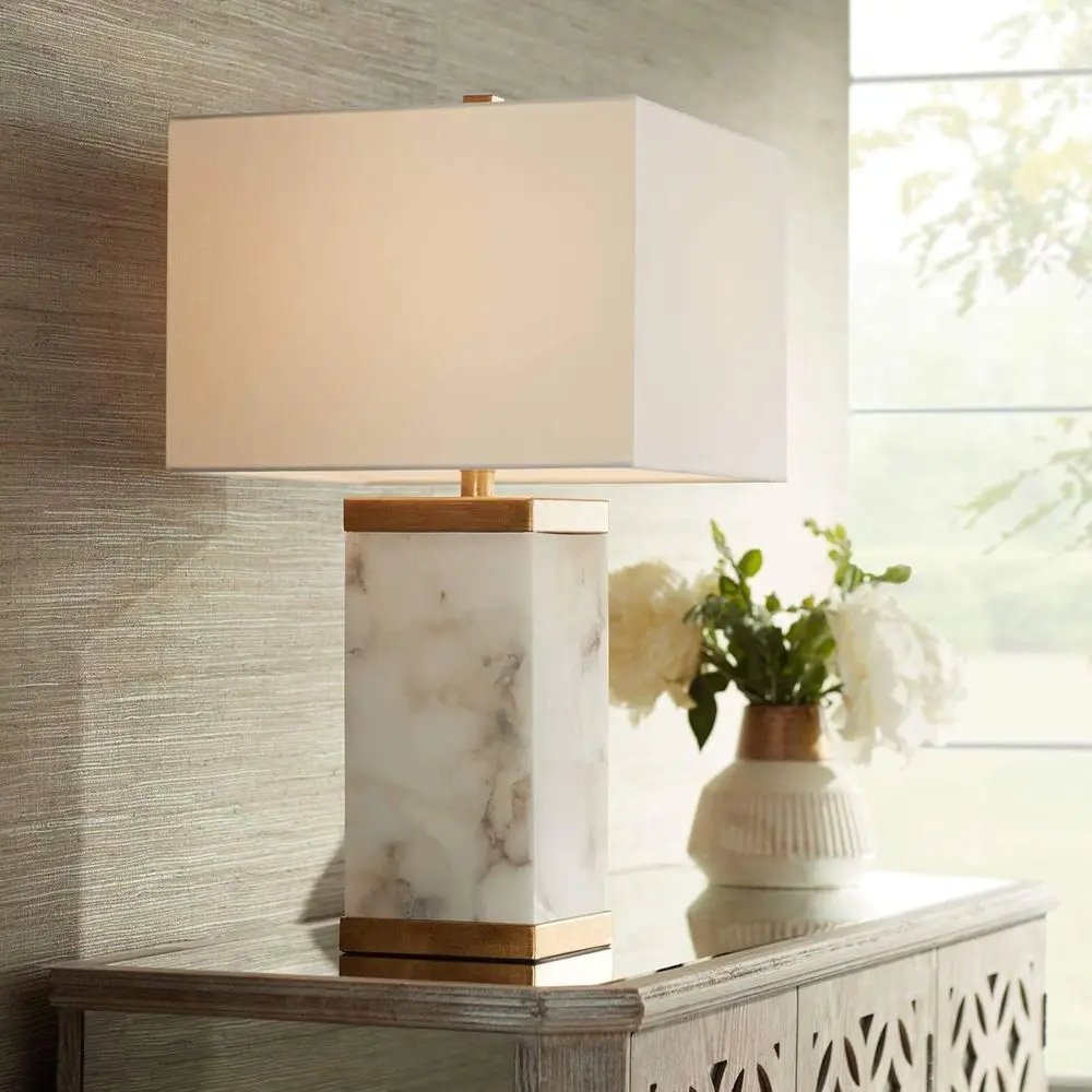 

Possini Euro Design Mindy ern Table Lamp 24 3/4" High with Nightlight White Gray Alabaster Gold Metal Recular Shade or Bedroom L