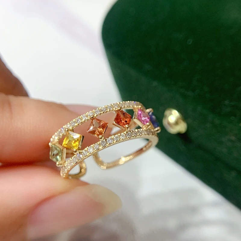 LUOWEND 18K Yellow Gold Rings Women Romantic Galaxy Design Gentle Style Natural Diamond Natural Color Sapphire Engagement Ring