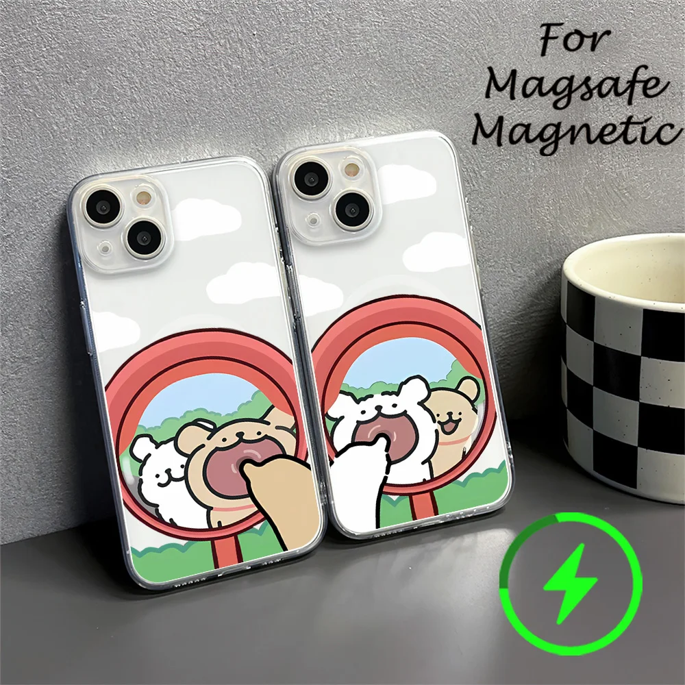 Couple line puppy looking in the mirror Phone Case For IPhone 15 14 13 12 11 Transparent Magnetic Suction Cover