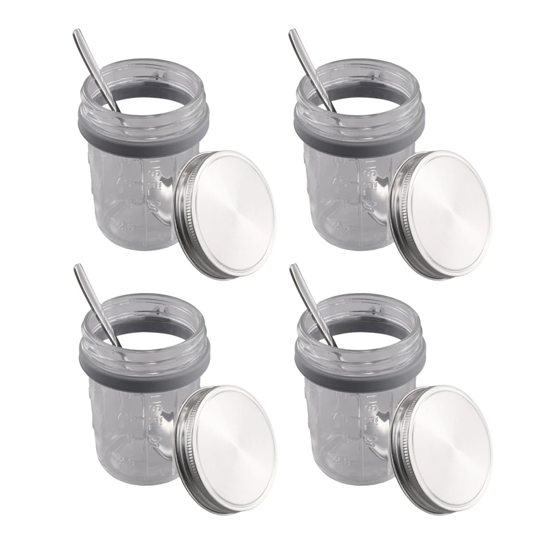 Mason Jars For Overnight Oats 4 Pack 350Ml Overnight Oats Jar With Spoons & Airtight Stainless Steel Lids Breakfast Pots