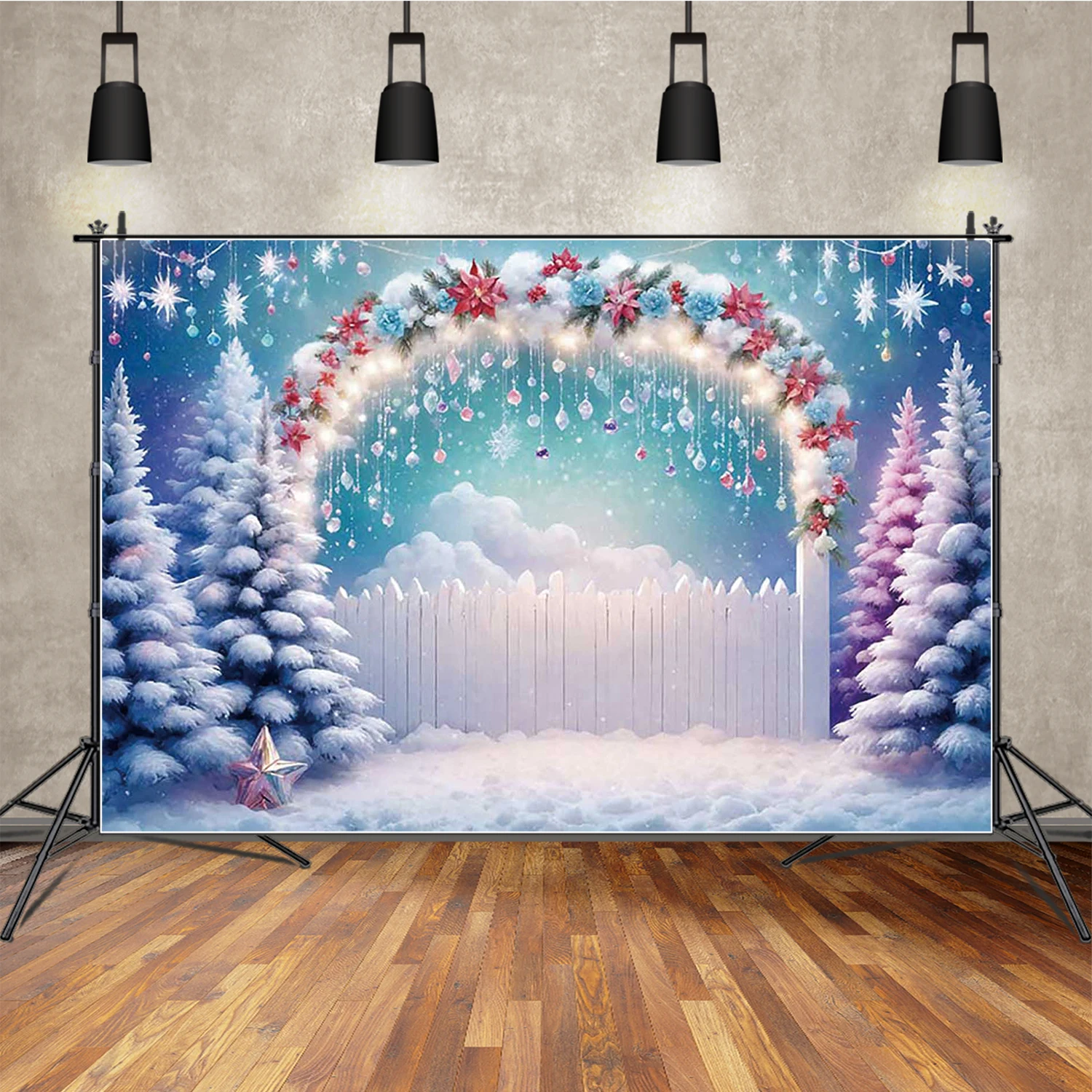 MOON.QG 크리스마스 장식 사진 배경 눈 덮인 겨울 파란색 크리스마스 나무 사진 배경 포토존 스튜디오 어린이