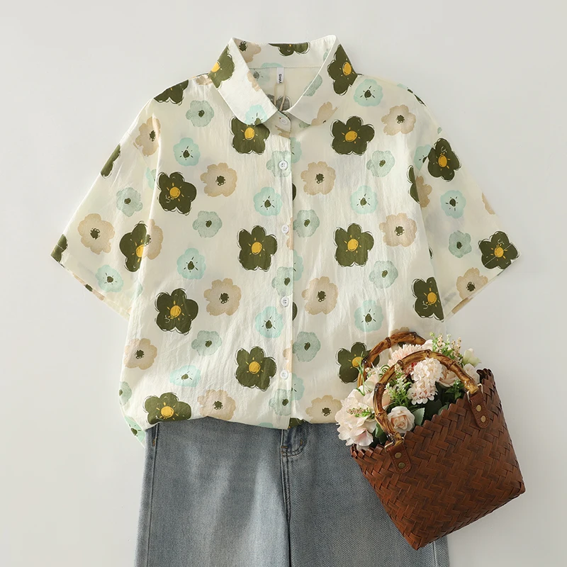 Floral Print Loose Fit f Sve irt Summer New Sle Cartoon Flower ort Sve Casual irt Fre Sle Cotton Blend W...