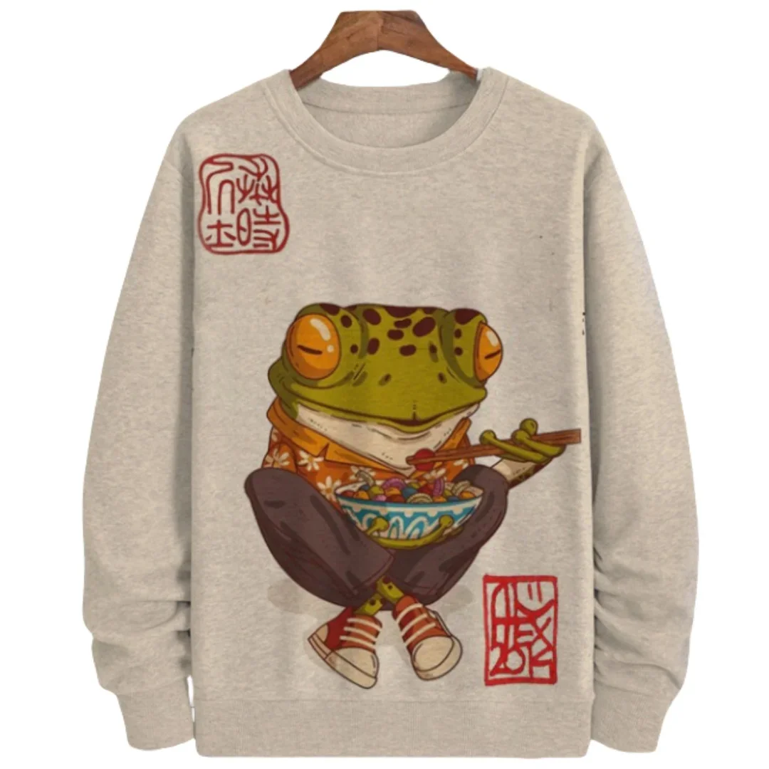 Japanese Style Frog Print Sweatshirt For Men Streetwear Round Neck Long Sleeve Pullover Casual Hooded Sweater Men Clothing 5XL