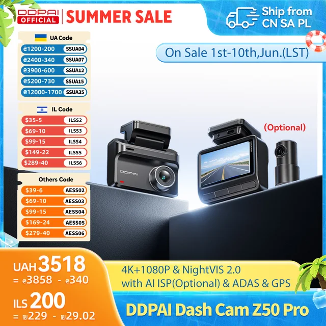 Kamera samochodowa DDPAI Dash Cam Z50 Pro 4K z funkcją nagrywania w nocy, Wi-Fi 5GHz, GPS, ADAS, tryb parkowania 24h, obsługa kamer przednich i tylnych.
