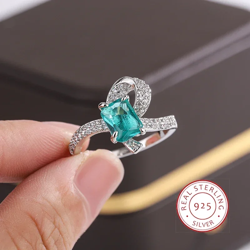 Generous Cutout Bowknot Princess Cut Emerald 925 Silver Plated Ring for Women Green Silver Plated Anniversary Gift Jewelry