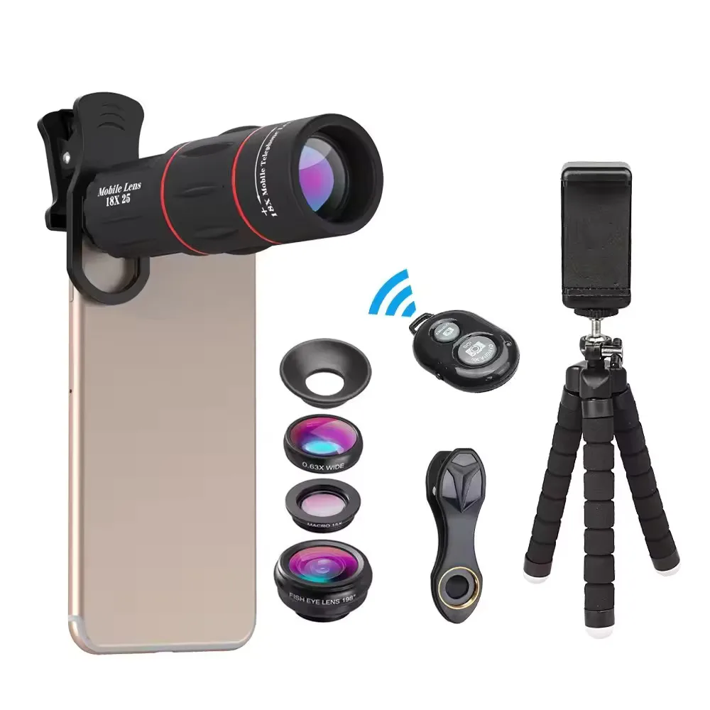 18X telephoto lens 4-in-1 universal mobile camera lens kit with wide-angle macro fisheye lens deformation tripod