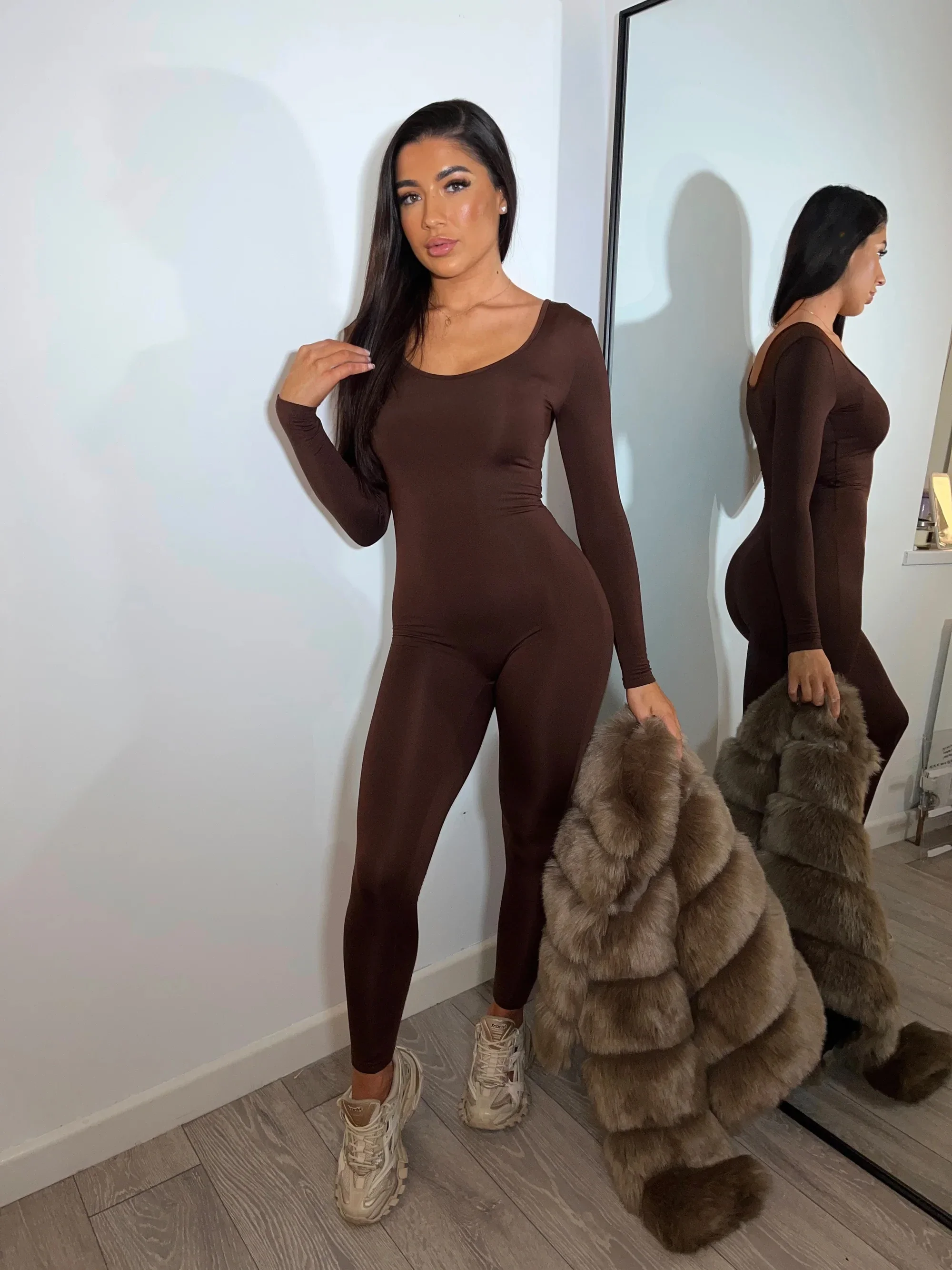 

Women's Casual Fashion Solid Color Round Neck Long Sleeve Yoga Pants Jumpsuit