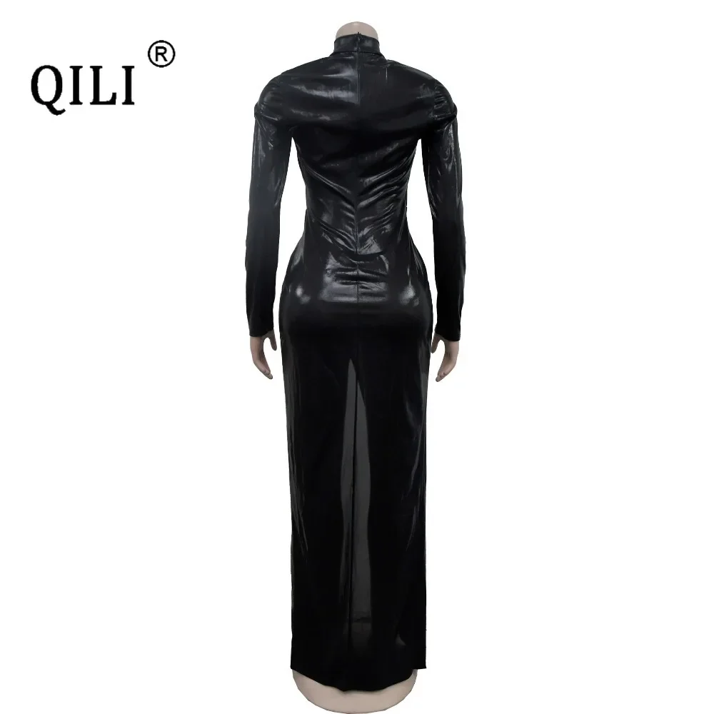 QILI-Hollow Out Fold Dress for Women, Gold Plated, Long Sleeve, Rhinestone, Sexy, Monochrome